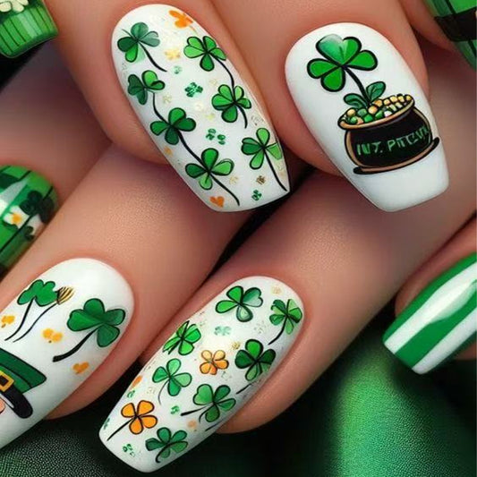 Lucky Charms Emerald Green Medium Square Press on Nail Set with Festive Clover Designs