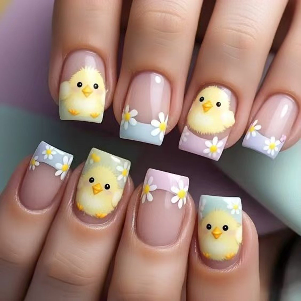 Charming Spring Chickens Short Square Pastel Nail Set with Adorable Flower Accents
