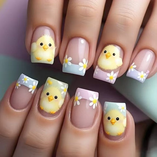 Charming Spring Chickens Short Square Pastel Nail Set with Adorable Flower Accents
