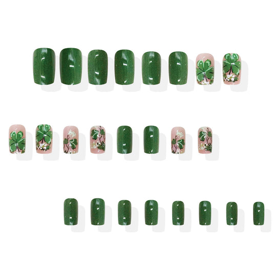 Enchanted Forest Charm Short Square Deep Green with Floral Accents Press-On Nail Set