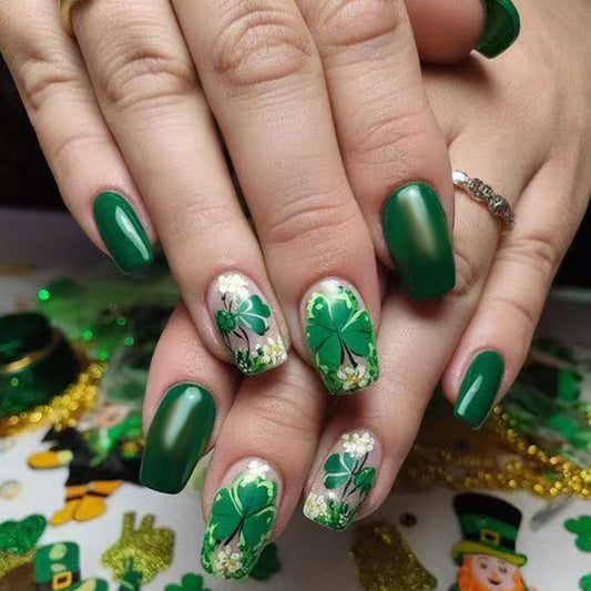 Festive Shamrock Elegance Short Square Green with Floral Accents