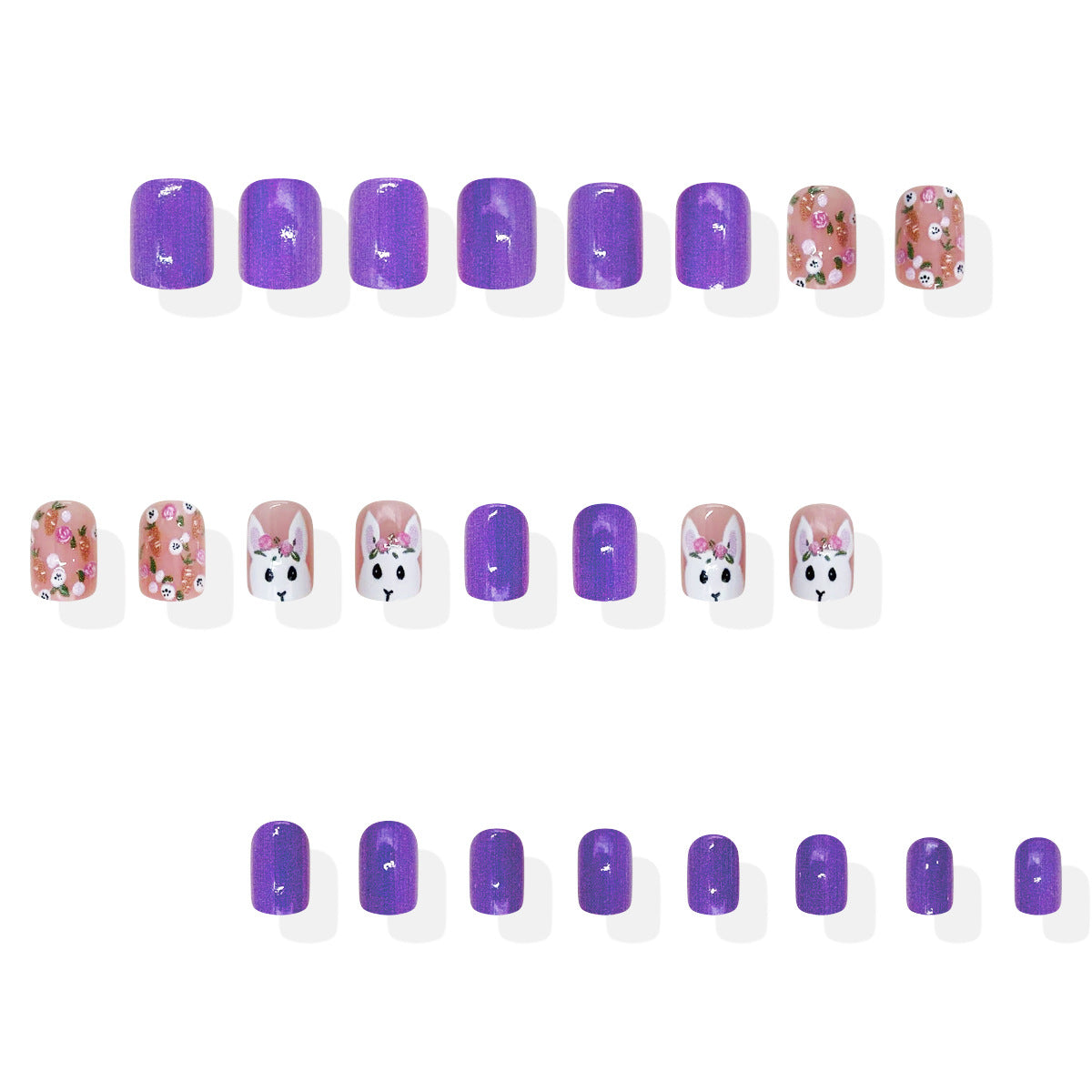 Whimsical Paw Print Press On Nail Set in Short Square Purple with Cute Animal Faces and Glitter Accents