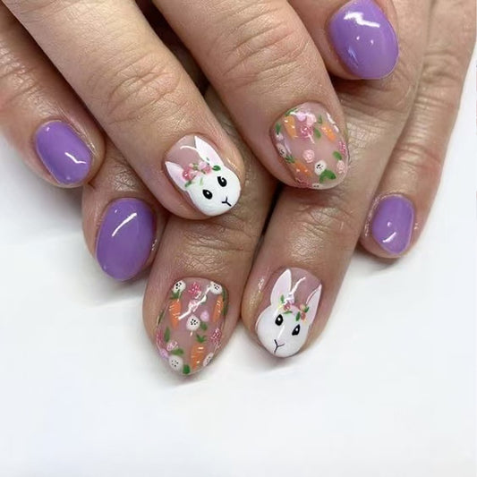 Whimsical Spring Vivid Purple Short Square Press On Nail Set with Adorable Bunny and Floral Designs
