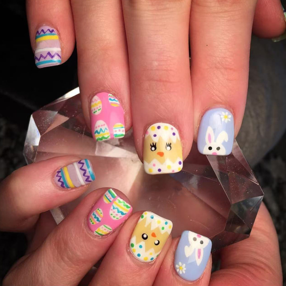Easter Wonderland Colorful Short Square Short Nail Set with Whimsical Bunny and Chick Designs