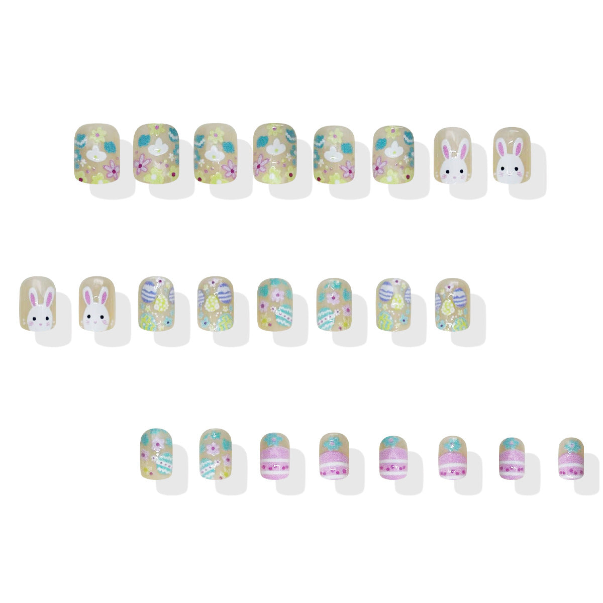 Springtime Delight Short Square Pastel Bunny Themed Press-On Nail Set with Floral Accents and Glitter Finish