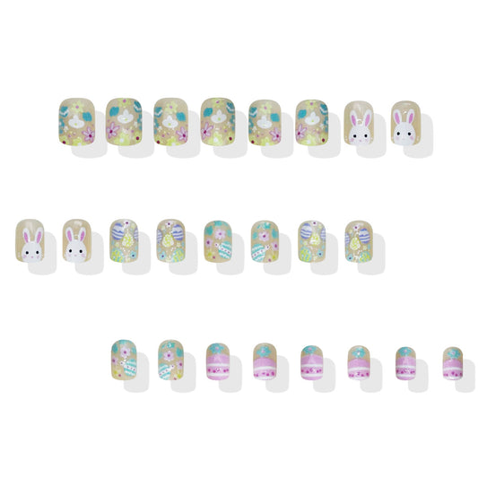 Springtime Delight Short Square Pastel Bunny Themed Press-On Nail Set with Floral Accents and Glitter Finish