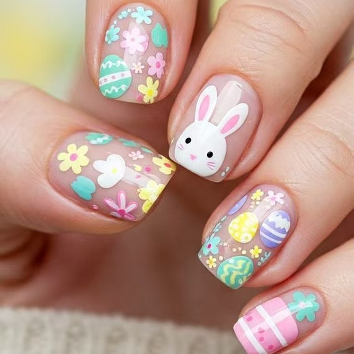 Springtime Delight Short Square Pastel Floral Design with Cute Bunny Face Press-On Nail Set