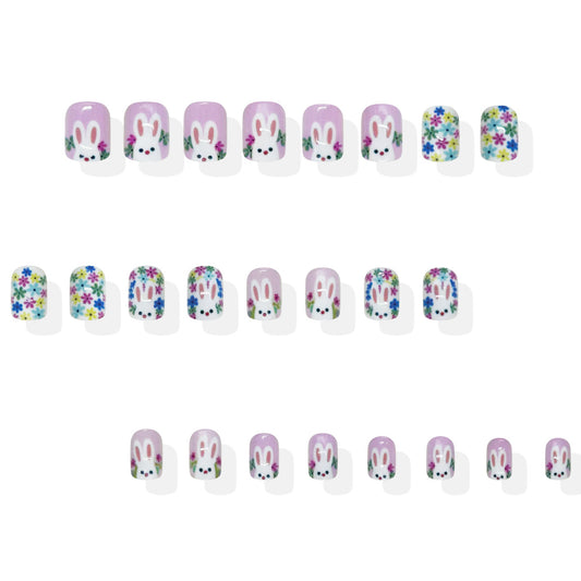 Whimsical Spring Rabbit Press On Nail Set Short Square Lavender Floral Design with Charming Bunny Artistry