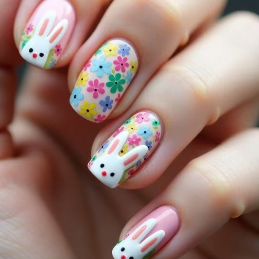 Easter Garden Medium Square Pink Floral Pattern with Bunny Design Press on Nail Set