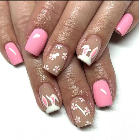 Springtime Delight Medium Square Pink Press-On Nail Set with Bunny and Flower Design