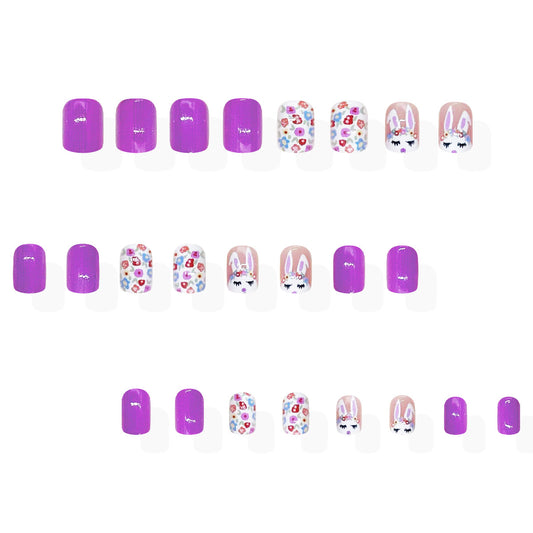Whimsical Garden Short Square Vibrant Purple with Cute Bunny and Floral Design Press on Nail Set