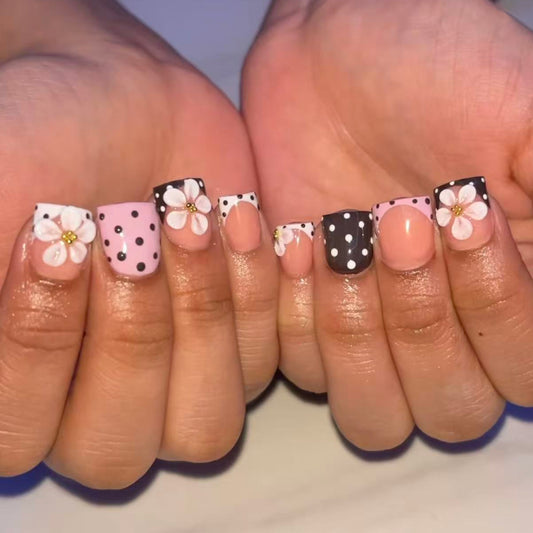Blooming Elegance Short Square Pink and Black with Floral and Polka Dot Design Press-On Nail Set