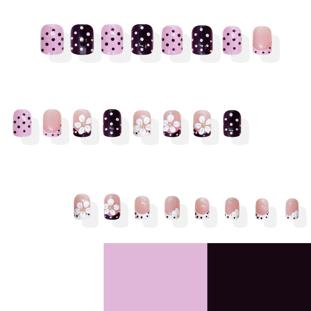 Charming Floral Fantasy Short Square Press On Nail Set in Pink and Dark Purple with Unique Polka Dot and Flower Design