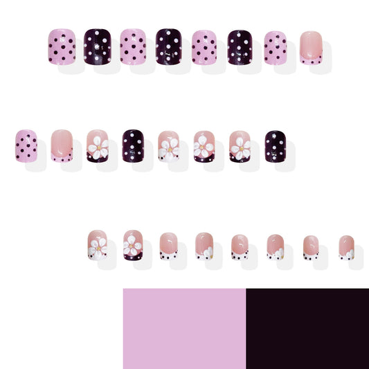Charming Floral Fantasy Short Square Press On Nail Set in Pink and Dark Purple with Unique Polka Dot and Flower Design