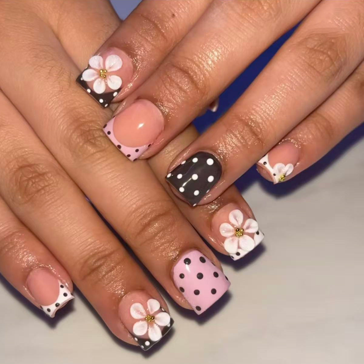 Charming Floral Delight Short Square Pink Black with Polka Dots and Flower Accents Press on Nail Set