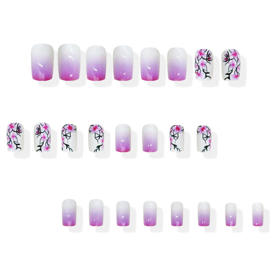 Blooming Elegance Medium Square Ombre Pink Floral Press-On Nail Set for Effortless Glamour
