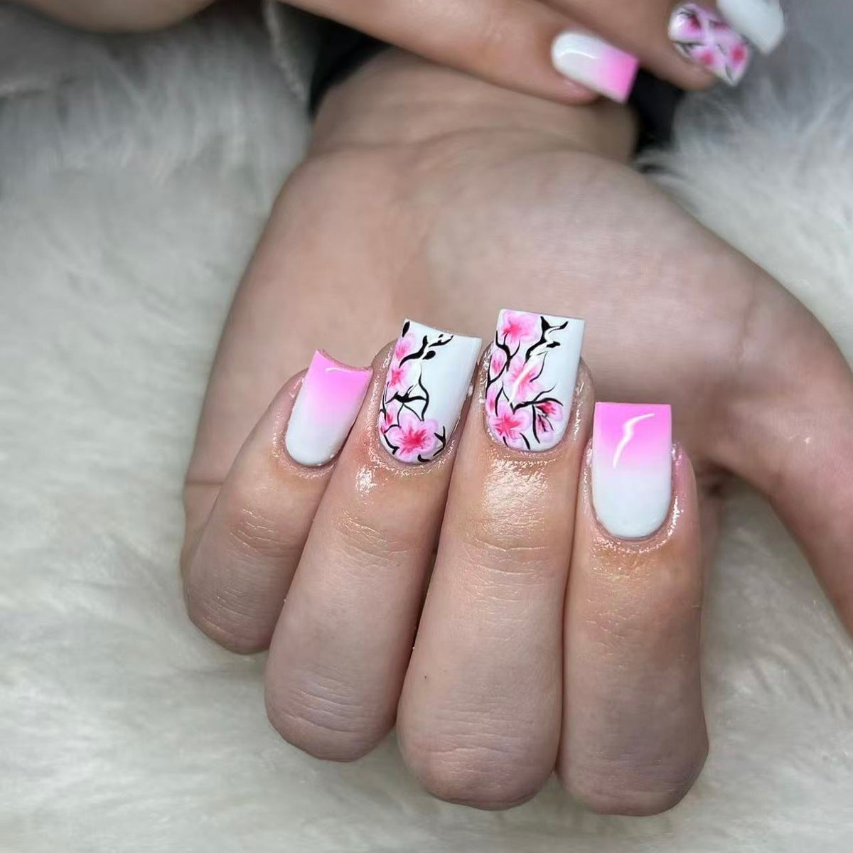 Cherry Blossom Dream Medium Square Pink Ombre Floral Press On Nail Set