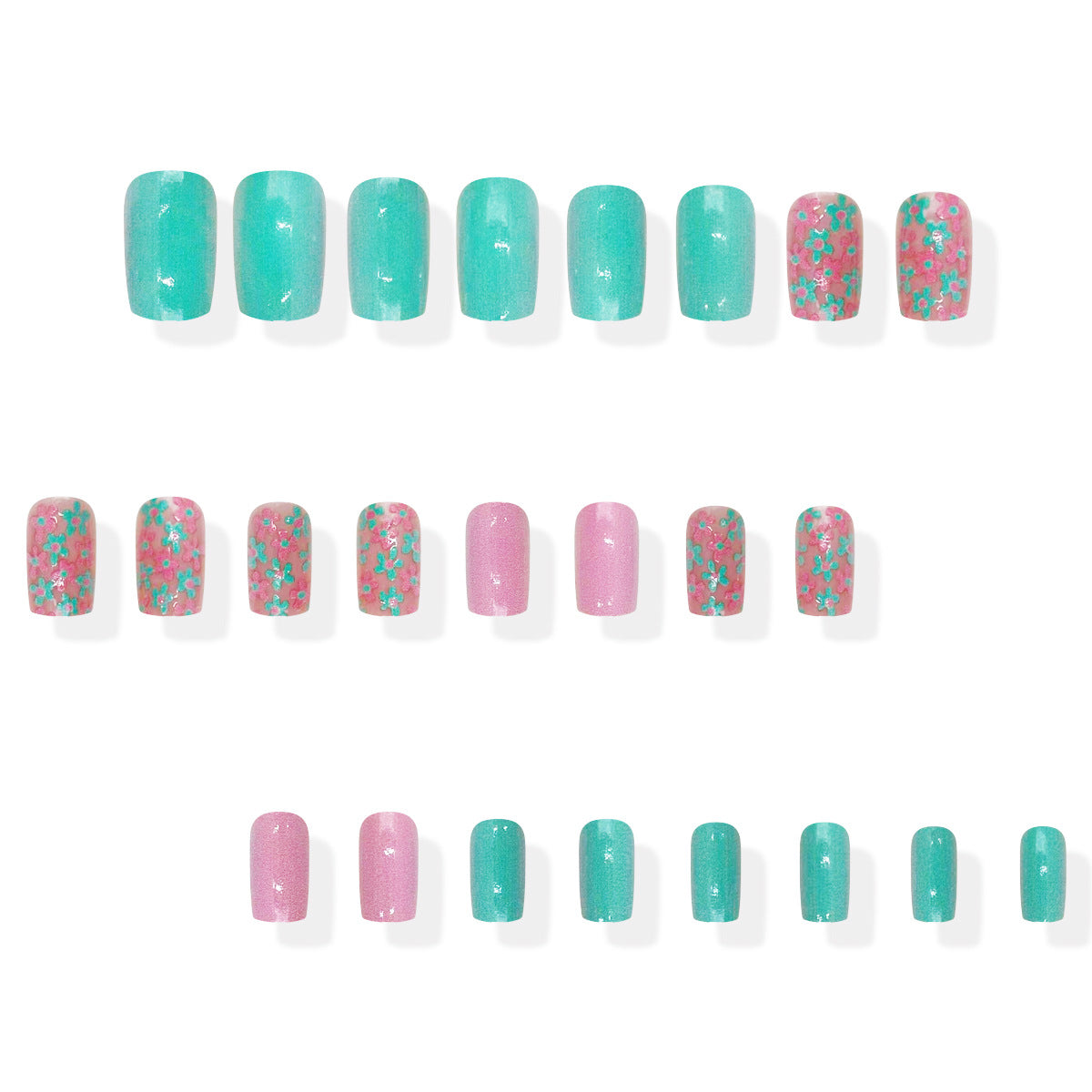 Tropical Escape Medium Square Turquoise and Pink Floral Press On Nail Set with Shimmer Finish