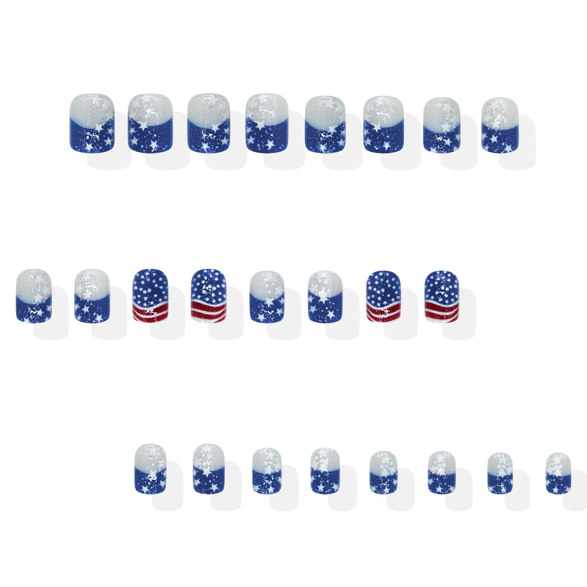Stars and Stripes Celebration Short Square Blue Glitter Press On Nail Set with Festive American Theme