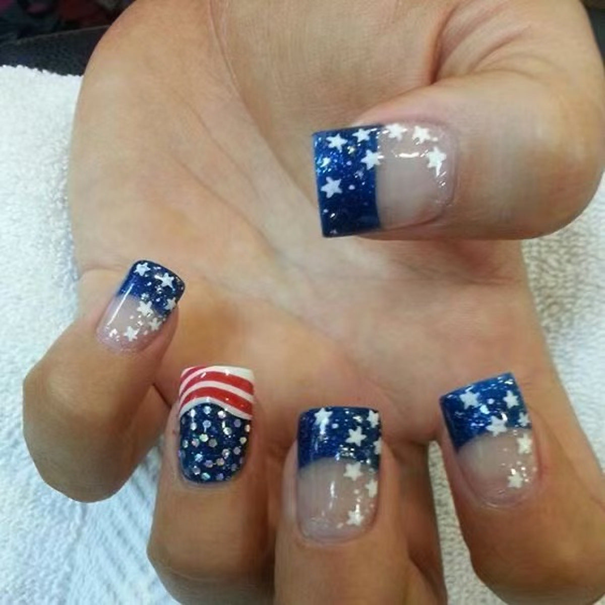 Patriotic Sparkle Press On Nail Set Classic Short Square Design Vibrant Blue Shimmer Featuring Dazzling Star Patterns