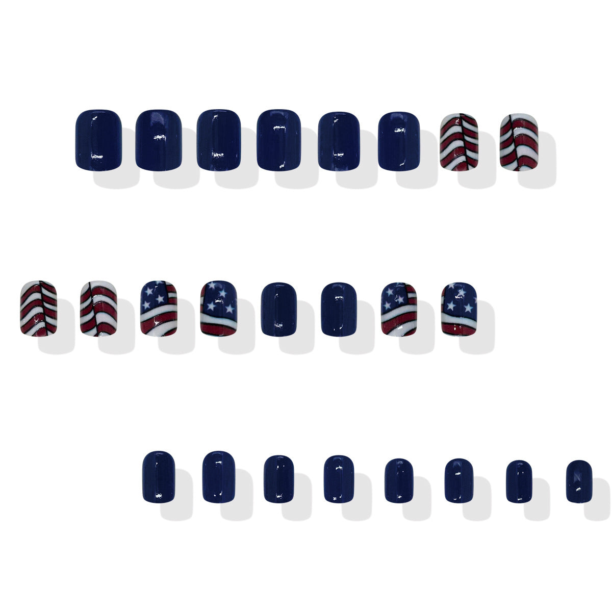 Patriotic Spirit Short Square Medium Navy and Red Striped Press-On Nail Set with Stars Design