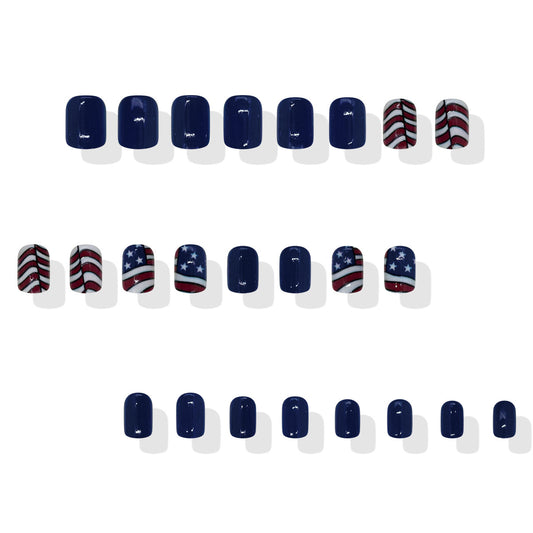 Patriotic Spirit Short Square Medium Navy and Red Striped Press-On Nail Set with Stars Design