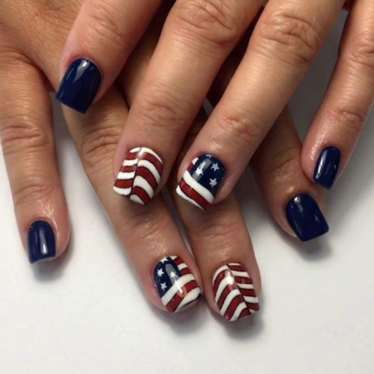 Patriotic Celebration Short Square Navy Red White Nail Set with American Flag Design