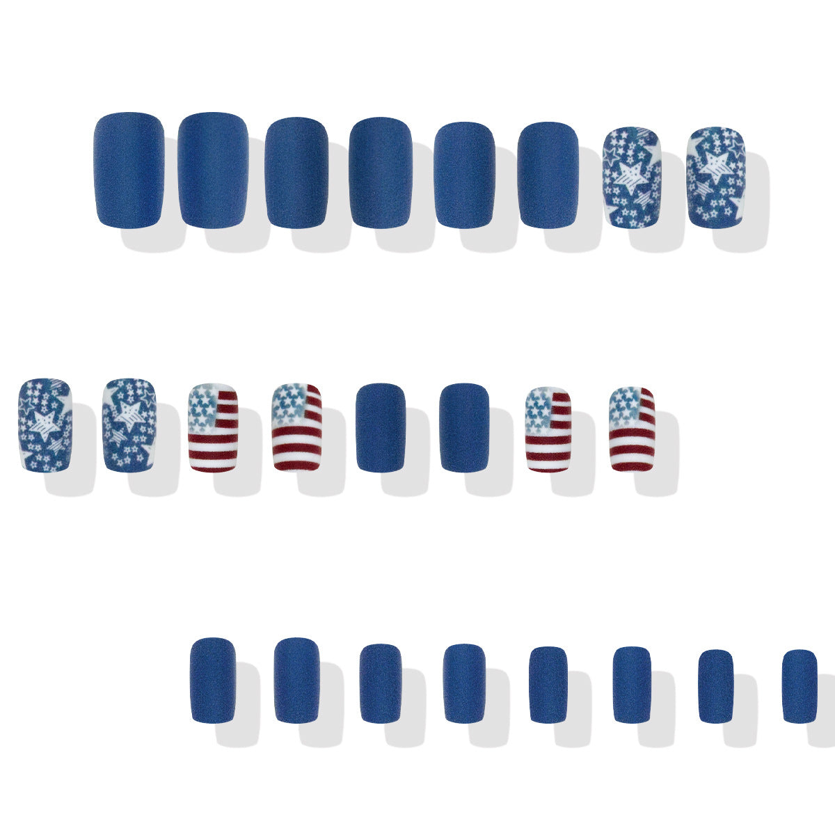 Patriotic Elegance Blue Medium Square Press-On Nail Set with Unique American Flag Designs