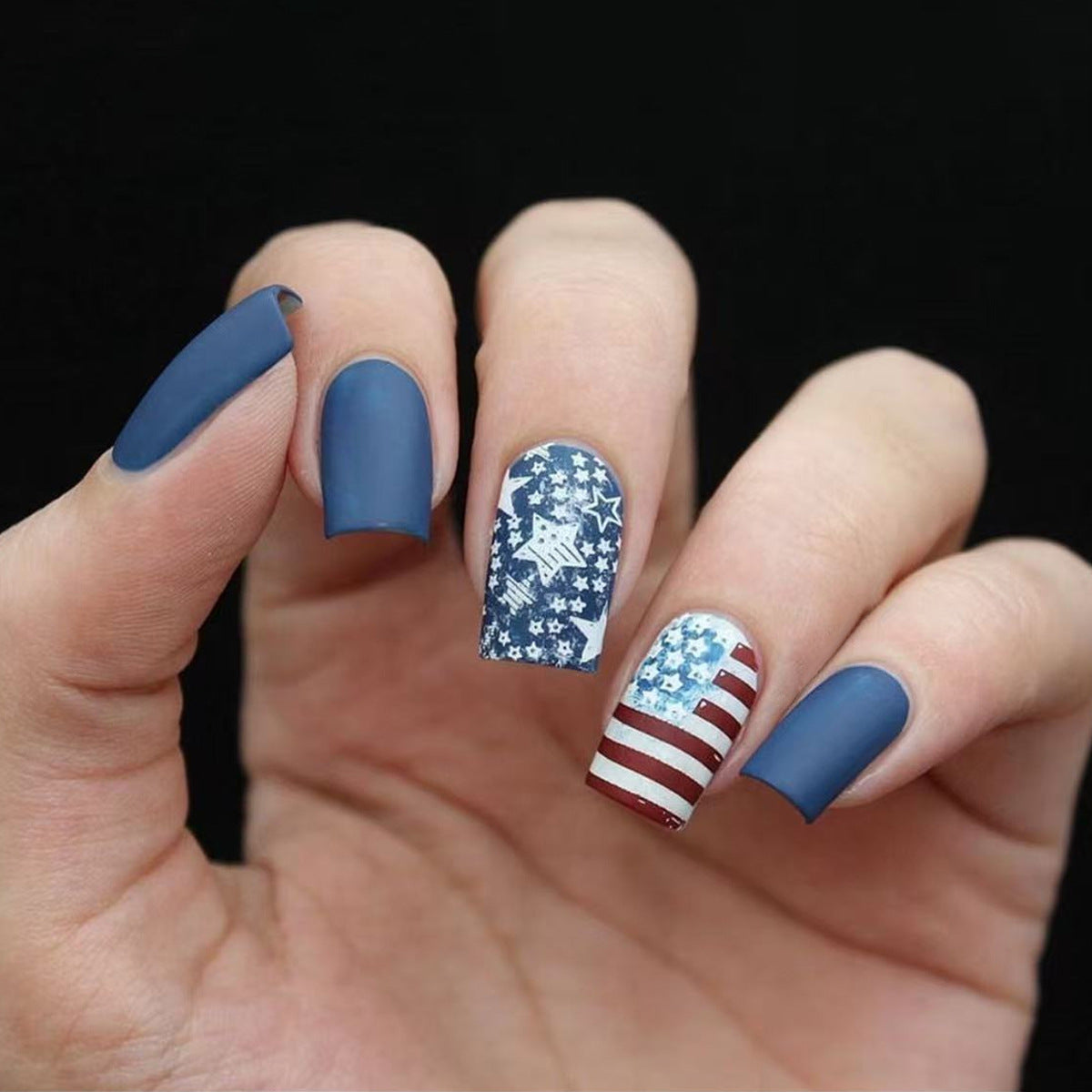 Patriotic Elegance Medium Square Matte Navy Blue Press On Nail Set with Star and Stripe Designs