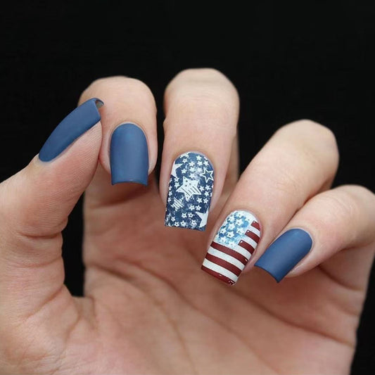 Patriotic Elegance Medium Square Matte Navy Blue Press On Nail Set with Star and Stripe Designs