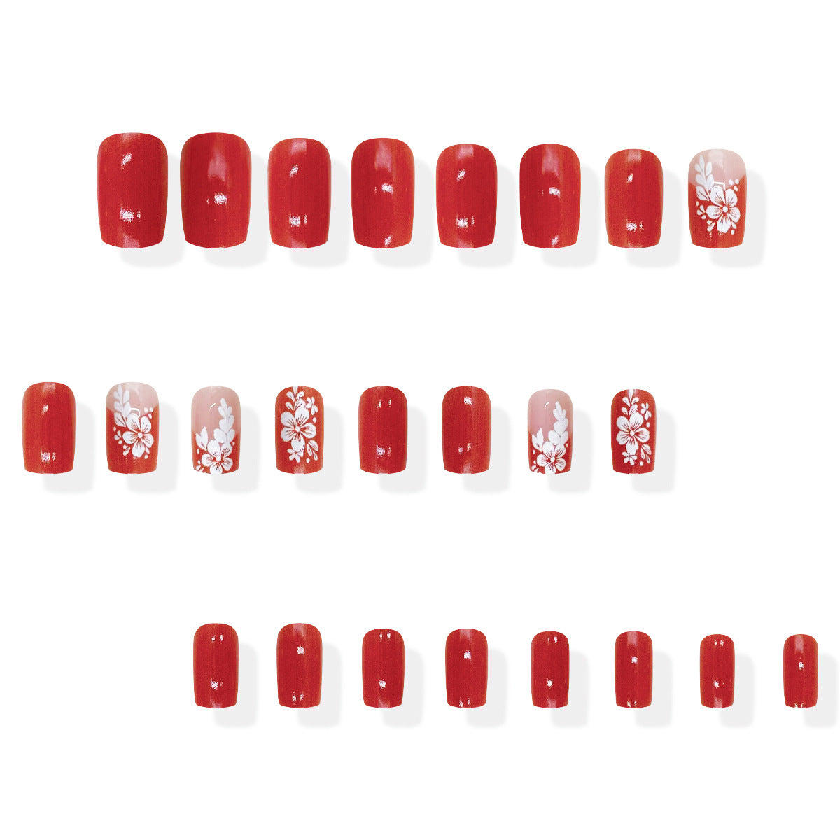 Tropical Paradise Glossy Medium Square Red Press-On Nail Set with Elegant Floral Accents