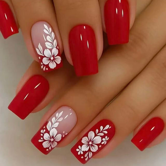 Floral Elegance Red Medium Square Press-On Nail Set with Unique White Blossom Designs