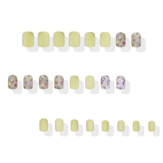Whimsical Garden Square Shaped Short Green Press On Nail Set Featuring Charming Floral Designs