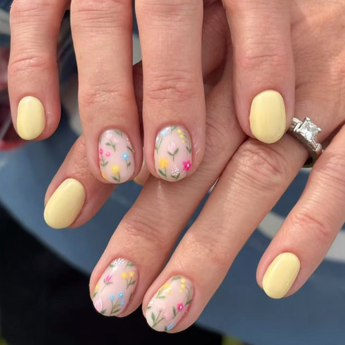 Floral Fantasy Short Squoval Soft Yellow with Charming Hand-Painted Floral Accents Press-On Nail Set