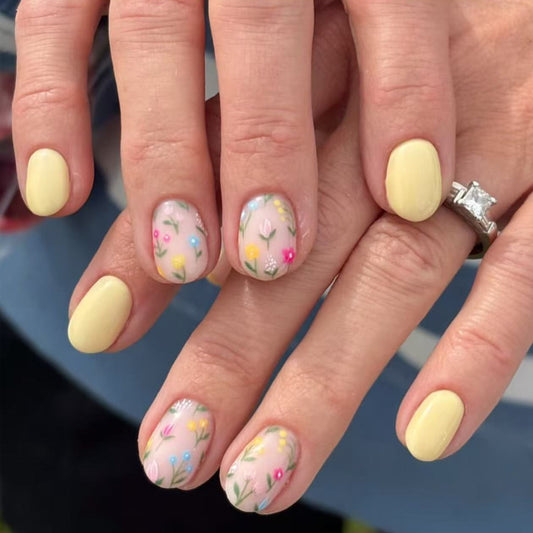 Floral Fantasy Short Squoval Soft Yellow with Charming Hand-Painted Floral Accents Press-On Nail Set