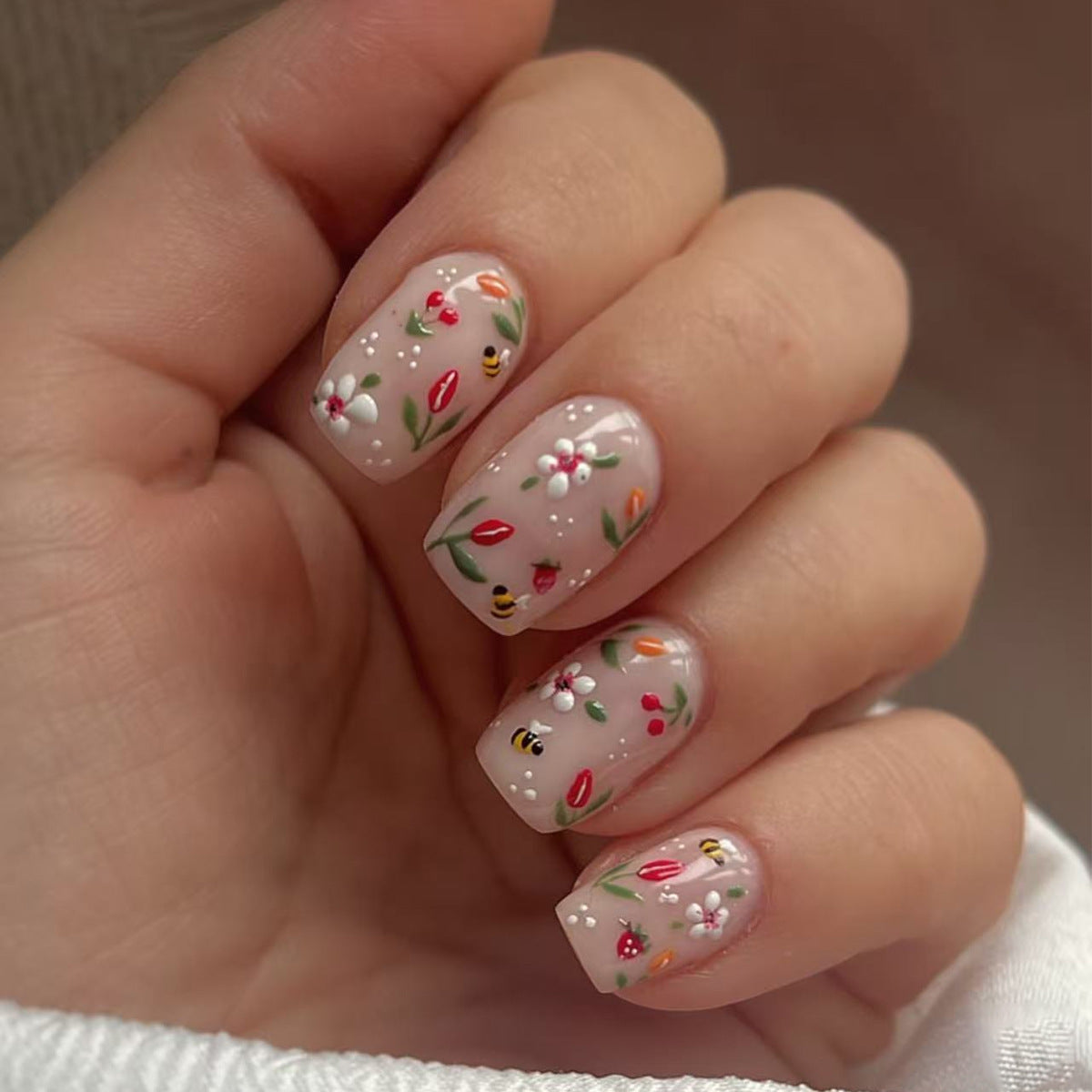 Enchanting Floral Short Square Press On Nail Set in Soft Pink with Charming Botanical Design