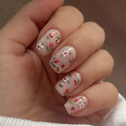 Enchanting Floral Short Square Press On Nail Set in Soft Pink with Charming Botanical Design