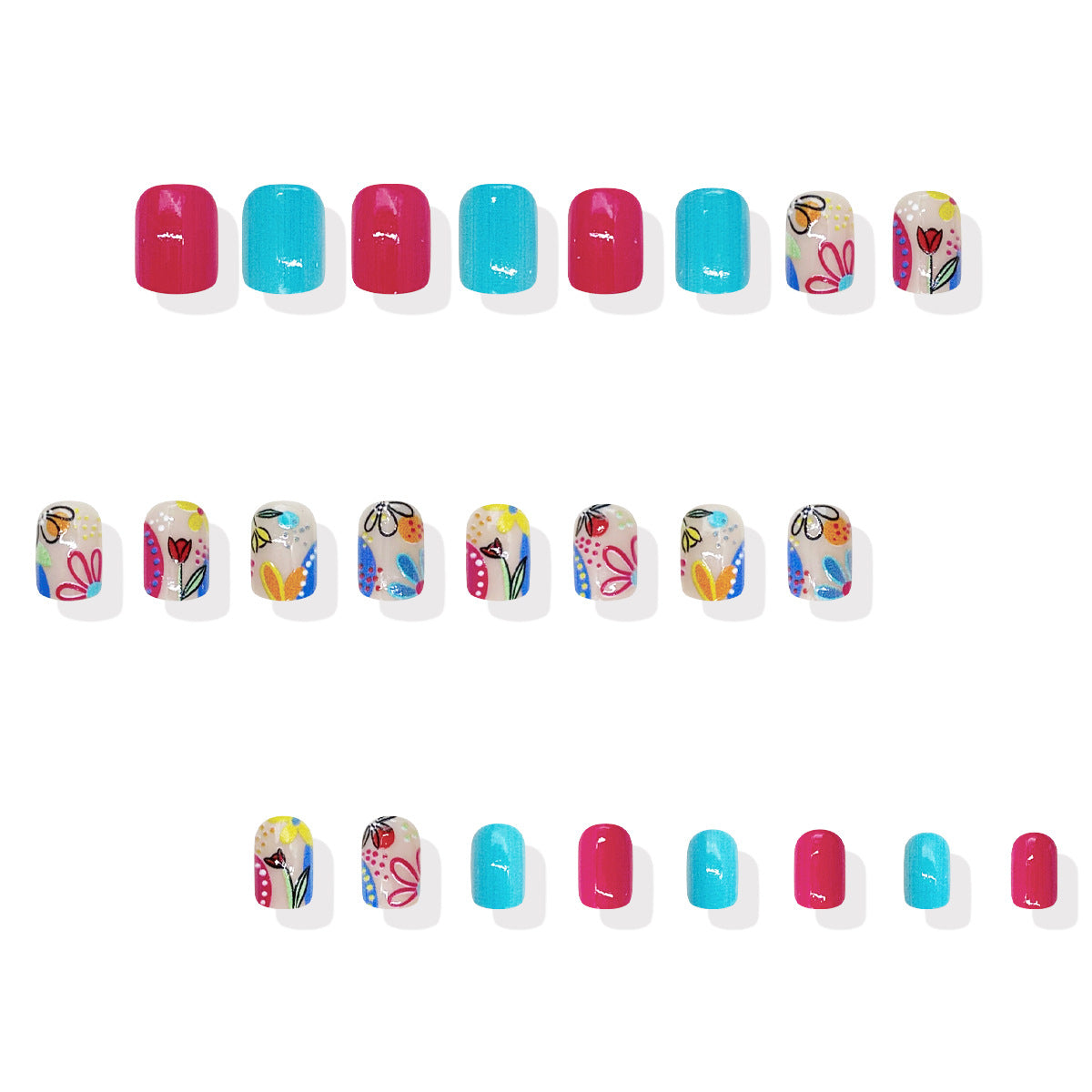Whimsical Garden Press On Nail Set Short Square Bright Pink and Blue with Vibrant Floral Designs