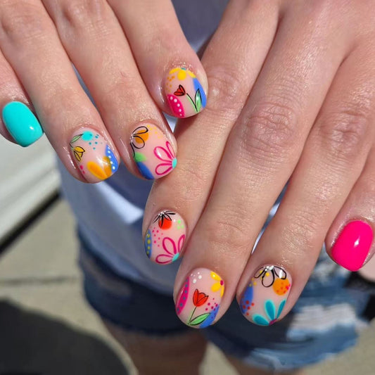 Garden Bloom Short Squoval Colorful Floral Design Press On Nail Set
