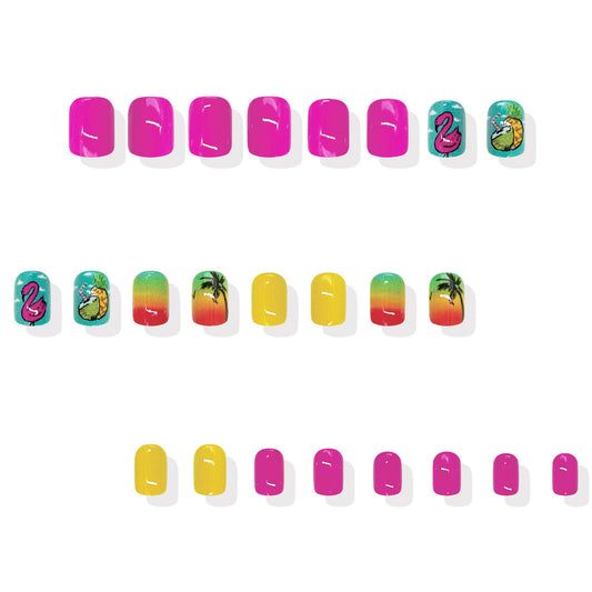 Tropical Vibes Short Square Fuchsia Nails with Colorful Beach Designs
