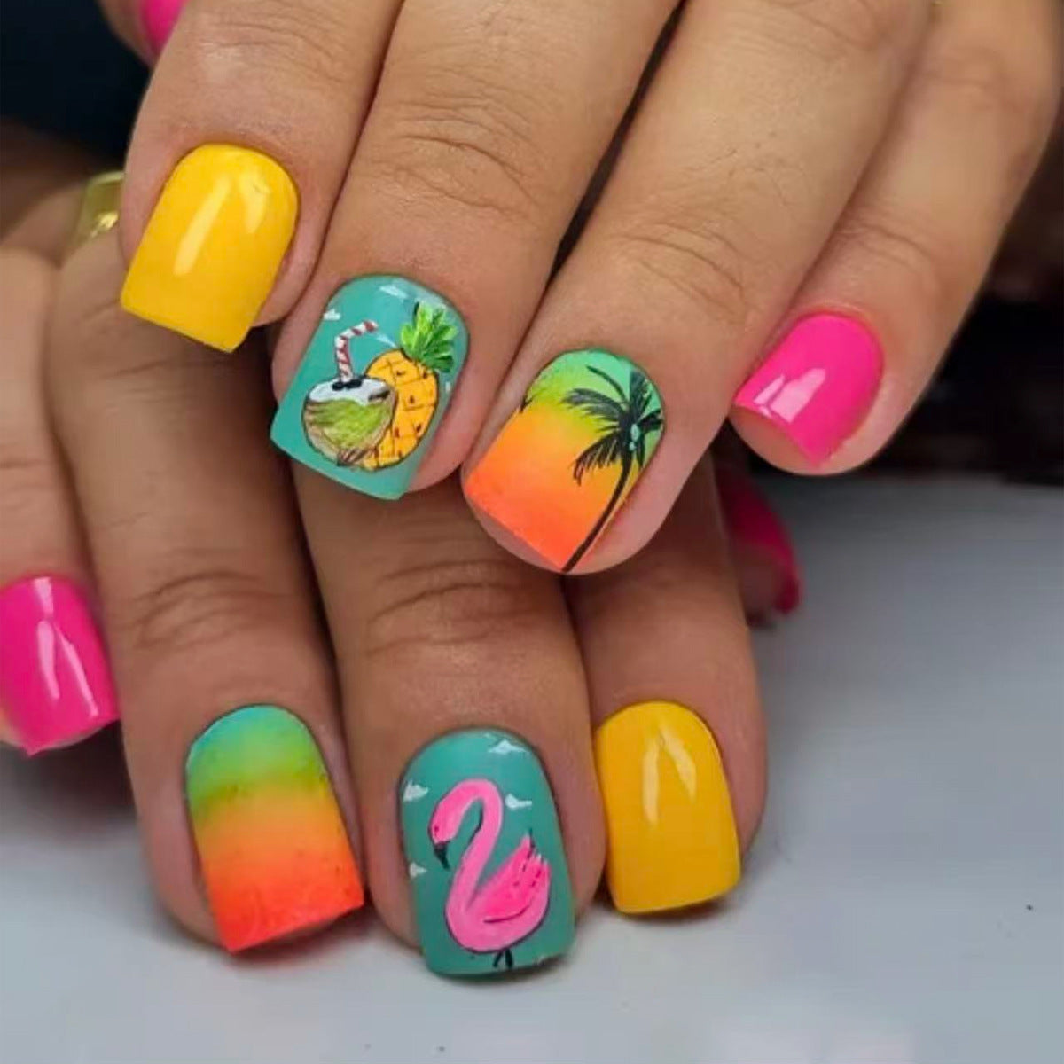Tropical Paradise Short Square Bright Colorful Press On Nail Set with Unique Island-Themed Designs