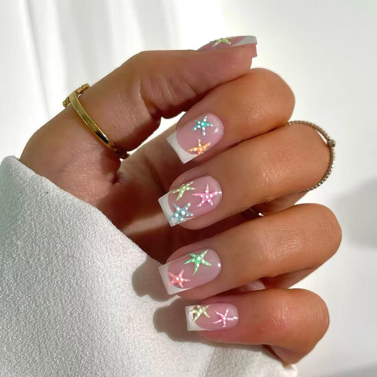 Tropical Bliss Medium Square Pink with Shimmering Starfish Design Press-On Nail Set