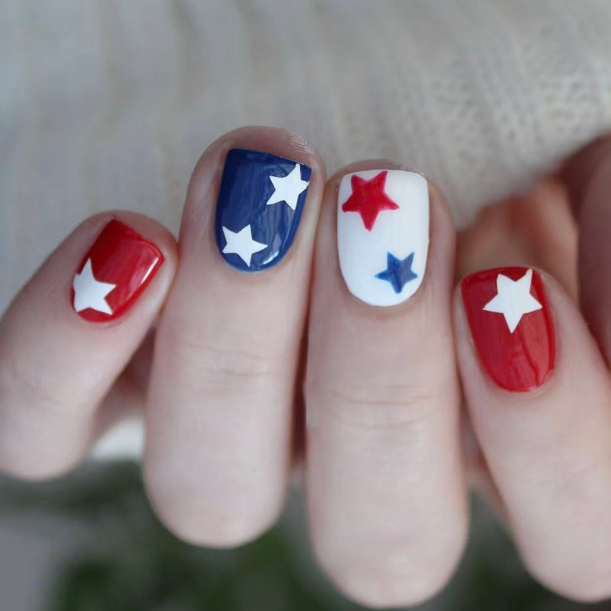 Star Spangled Glamour Short Square Red White and Blue Press On Nail Set with Star Accents