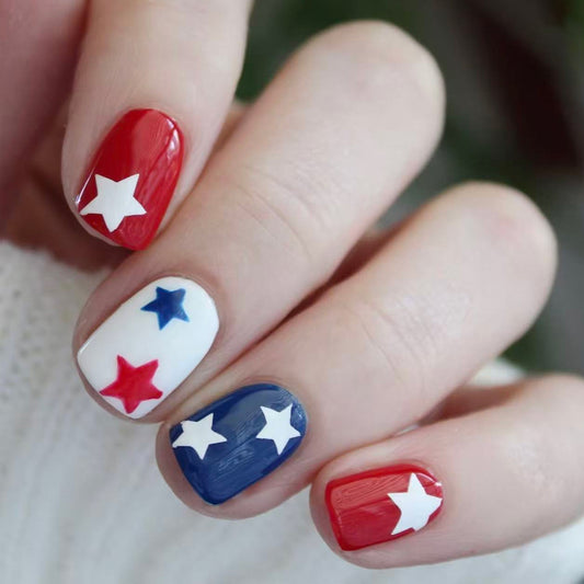 Patriotic Dream Square Short Length Red Blue and White Star Design Press on Nail Set