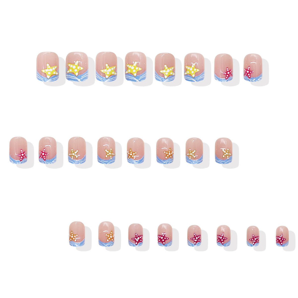 Ocean Breeze Dreamy Short Square Beige Press On Nail Set Featuring Starfish and Beach Waves Design