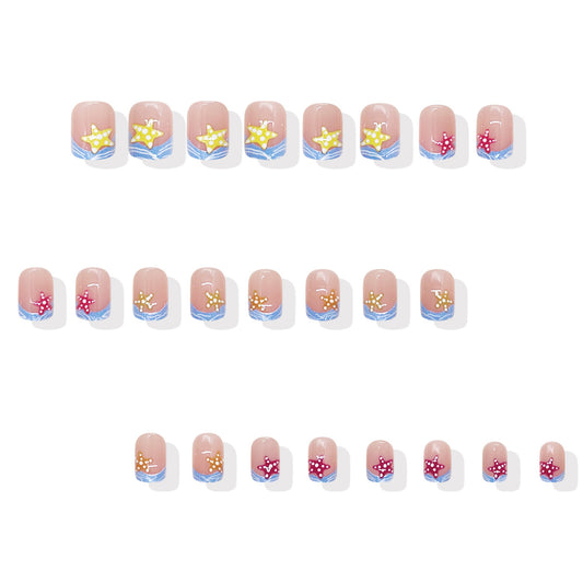 Ocean Breeze Dreamy Short Square Beige Press On Nail Set Featuring Starfish and Beach Waves Design