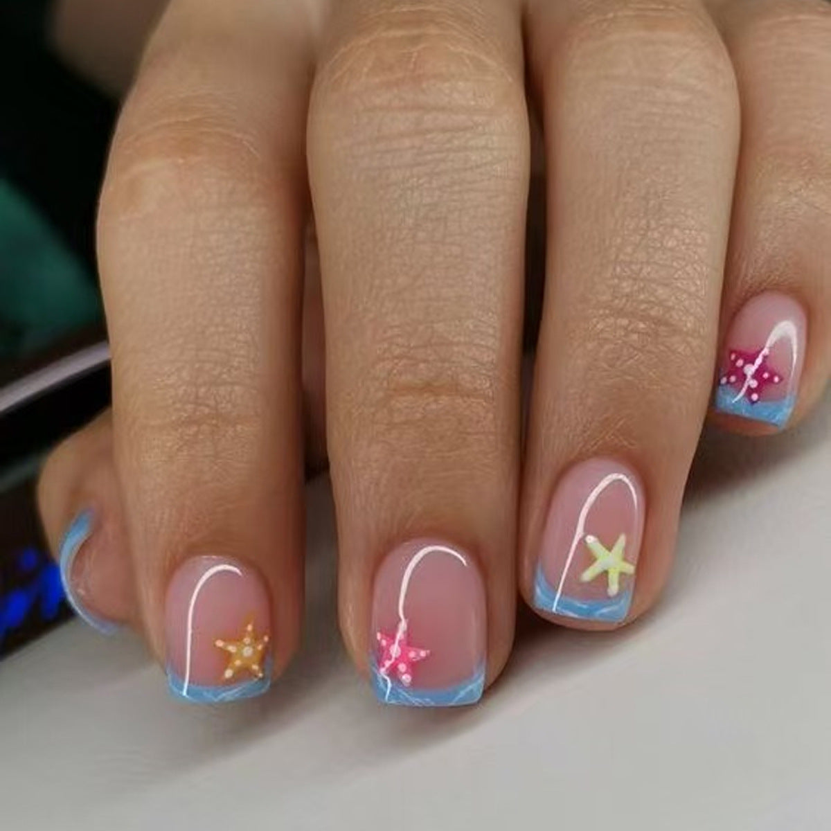 Beachy Vibes Short Square Pink and Blue Press On Nail Set with Starfish Accents