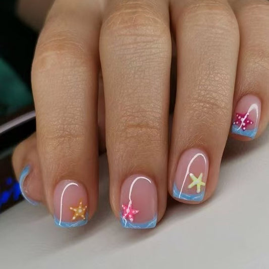 Beachy Vibes Short Square Pink and Blue Press On Nail Set with Starfish Accents