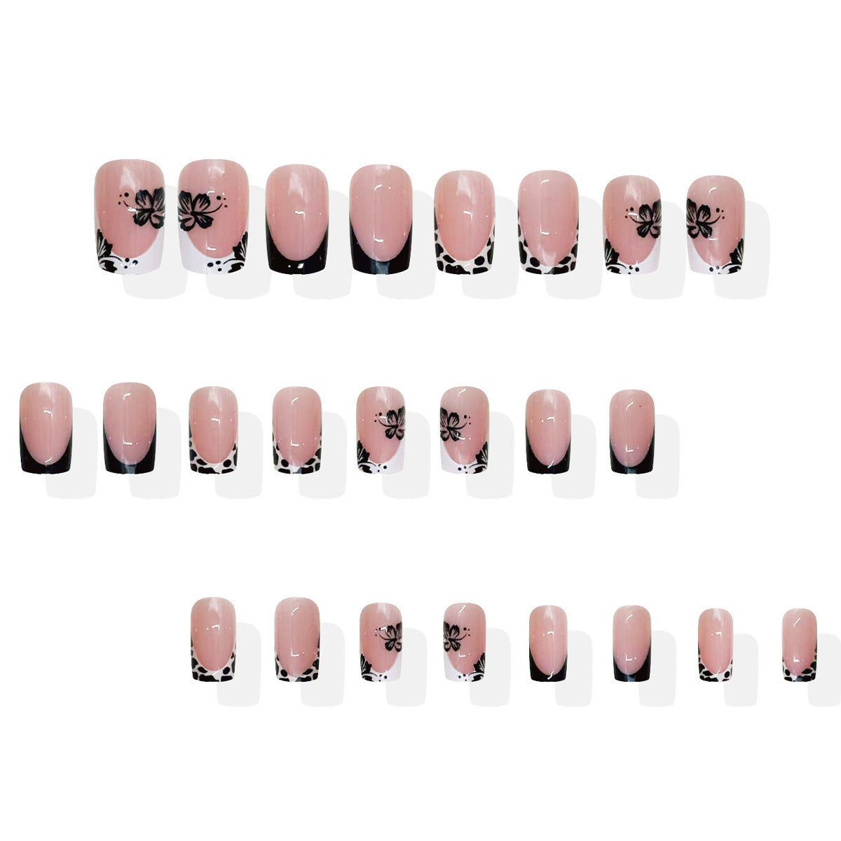 Blossoming Elegance Medium Square Pink with Floral and Polka Dot Design Press On Nail Set