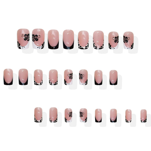 Blossoming Elegance Medium Square Pink with Floral and Polka Dot Design Press On Nail Set